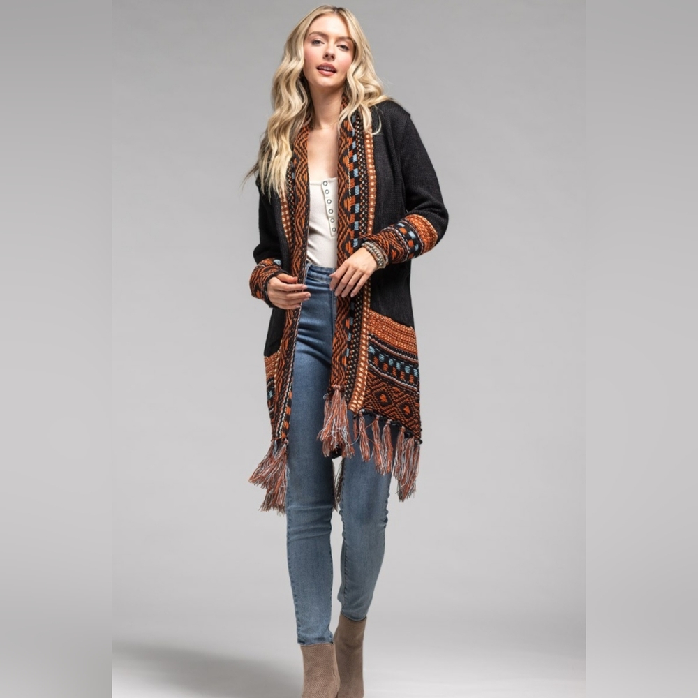 Ethnic fringe sweater cardigan